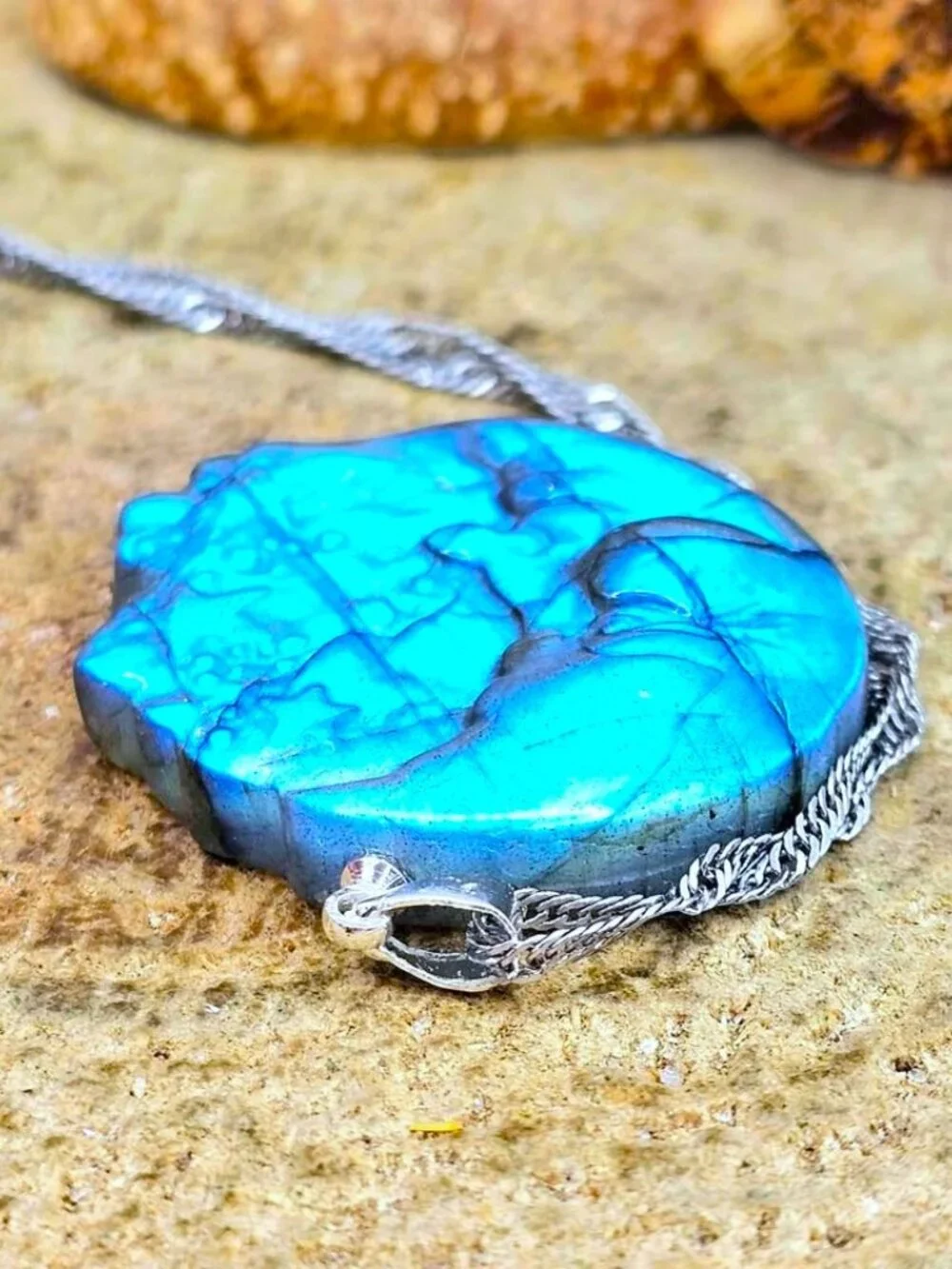 Labradorite Crescent Moon Carved Pendant Flashy Crystal Necklace 1.3 Inch